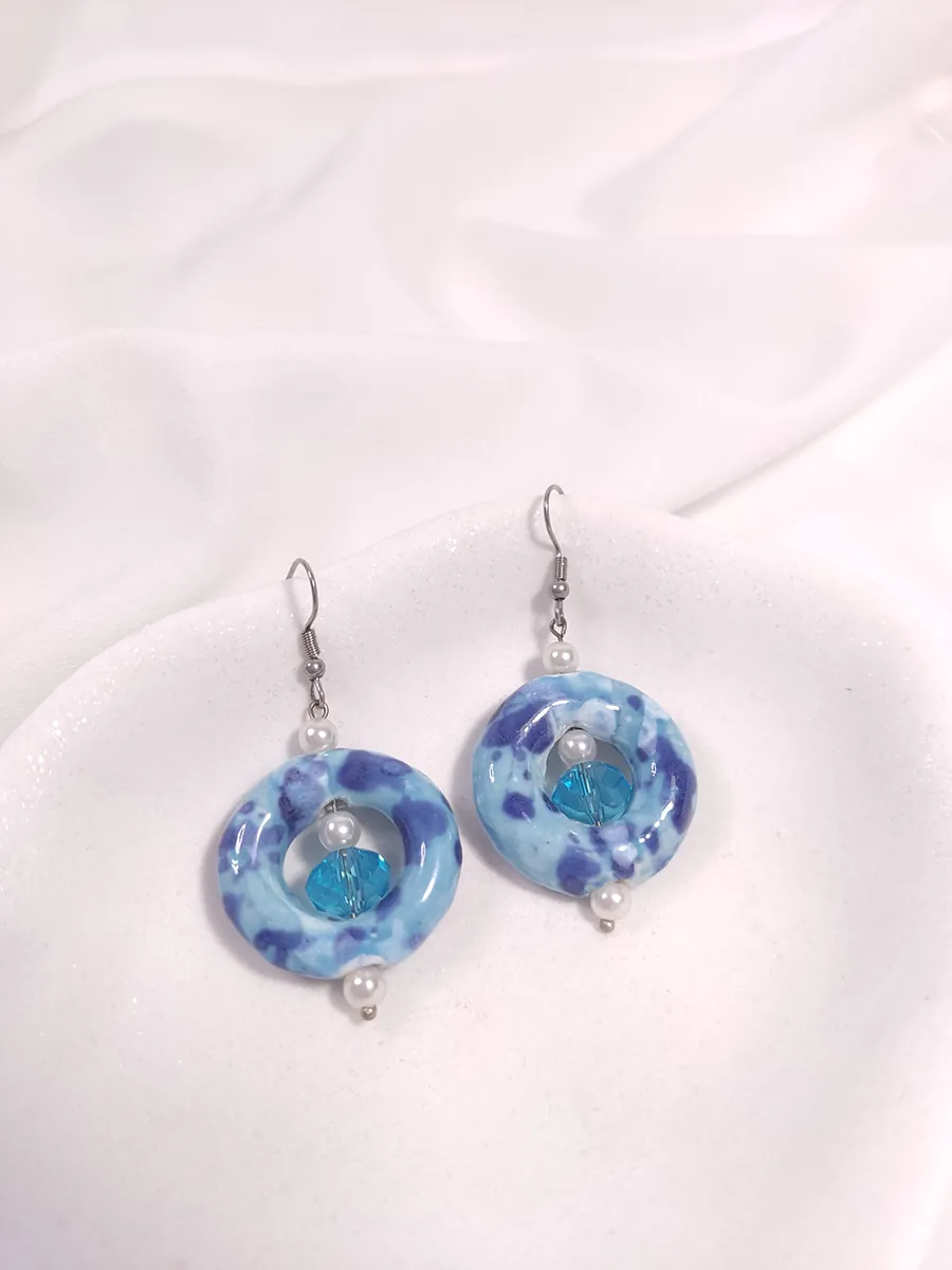 EARRING-0044 Σκουλαρίκια με μπλε ακρυλικά στοιχεία & κρύσταλλα