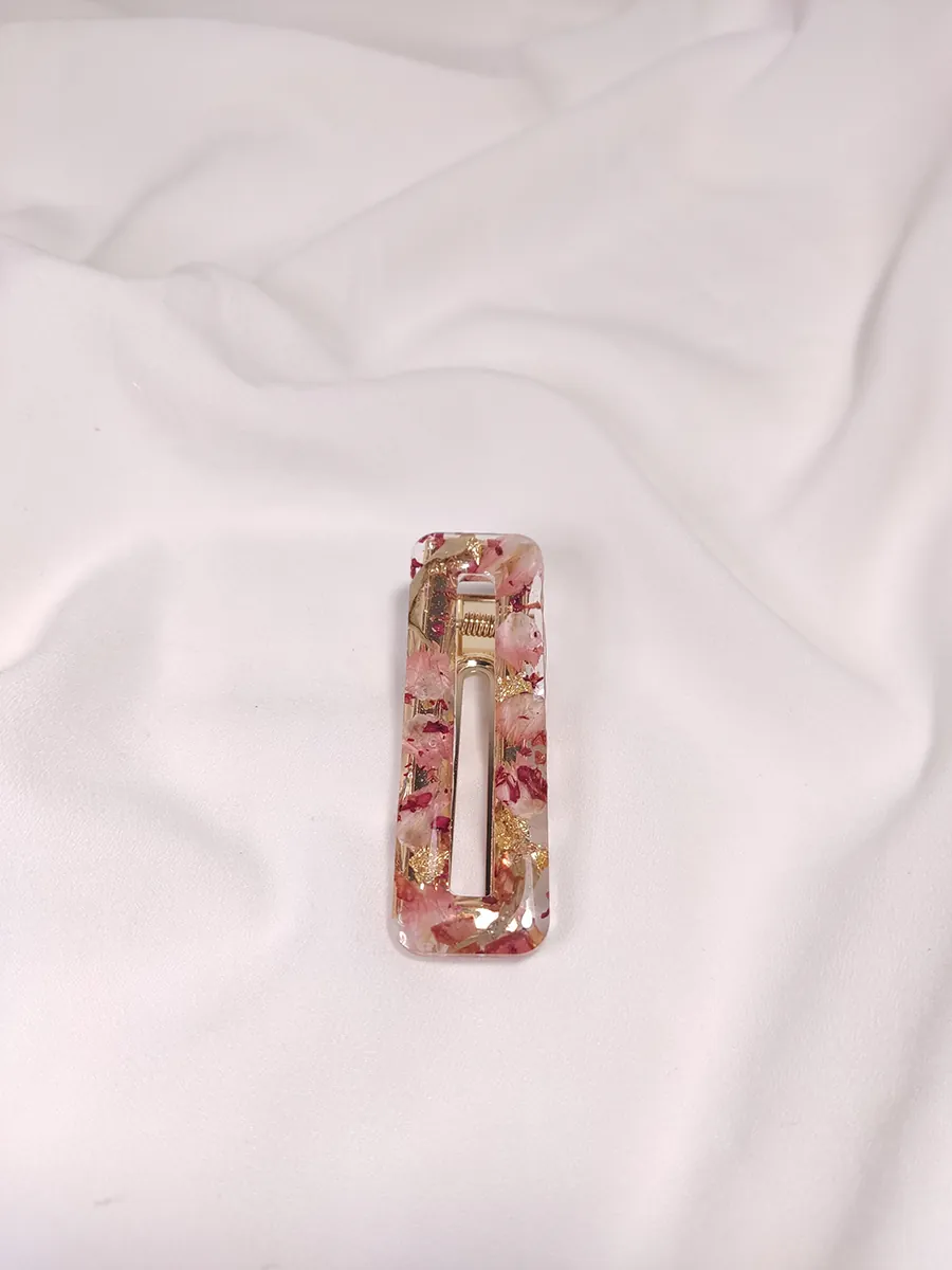 Κλιπ μαλλιών με ροζ-κόκκινα αποξηραμένα πέταλα & φύλλα χρυσού