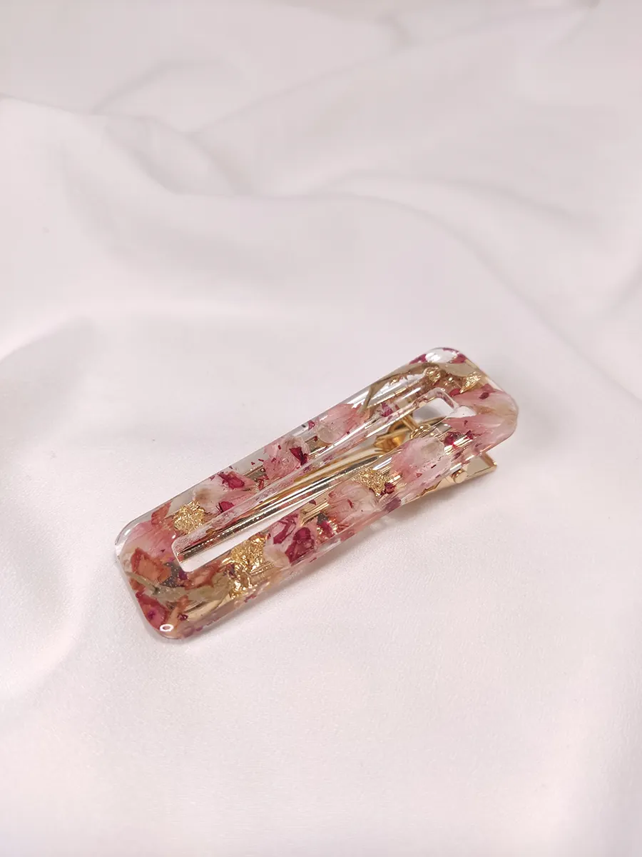 Κλιπ μαλλιών με ροζ-κόκκινα αποξηραμένα πέταλα & φύλλα χρυσού