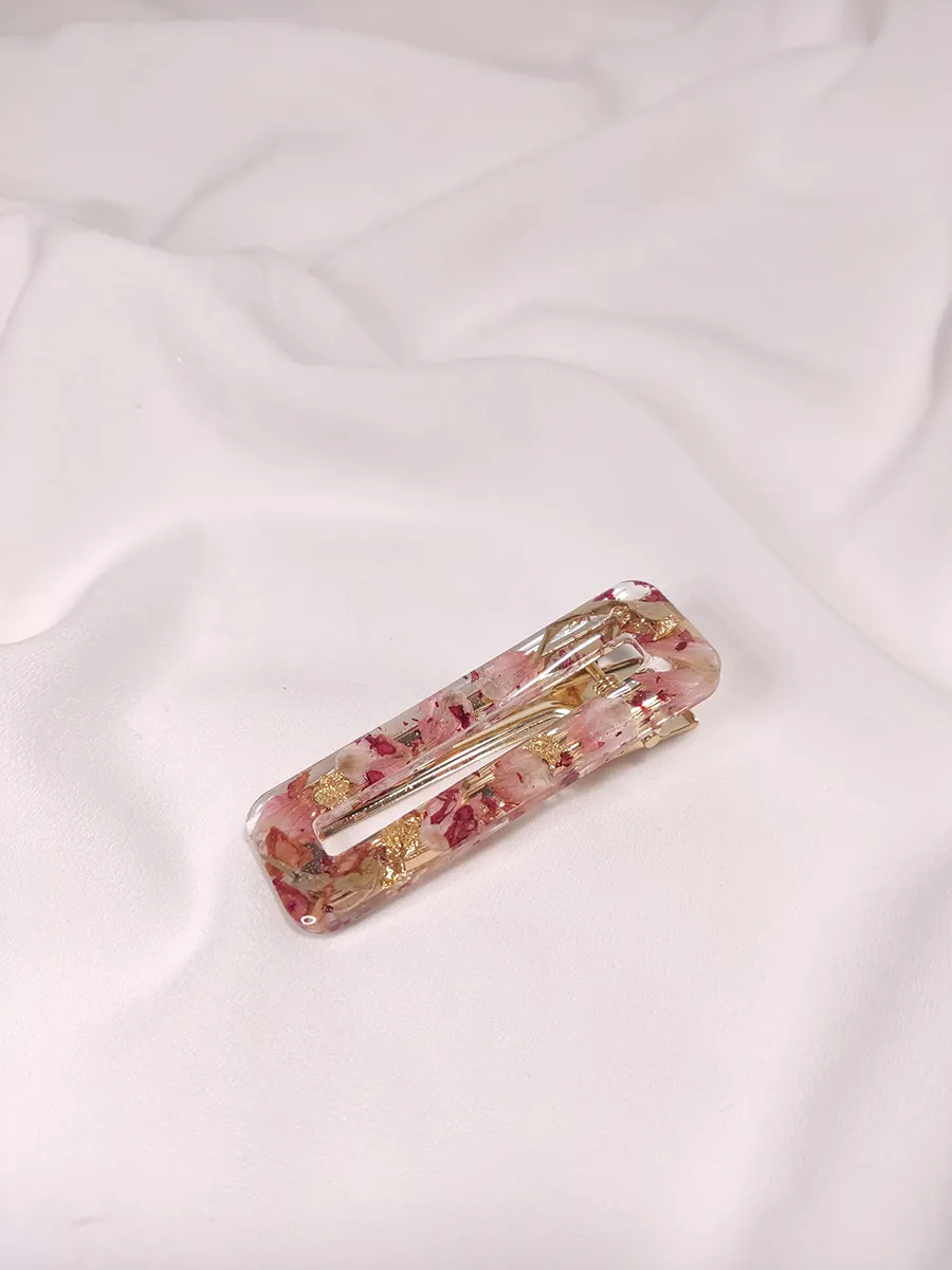 Κλιπ μαλλιών με ροζ-κόκκινα αποξηραμένα πέταλα & φύλλα χρυσού