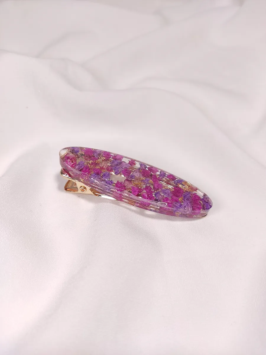 Κλιπ μαλλιών οβάλ με μοβ & ροζ γυψοφίλη