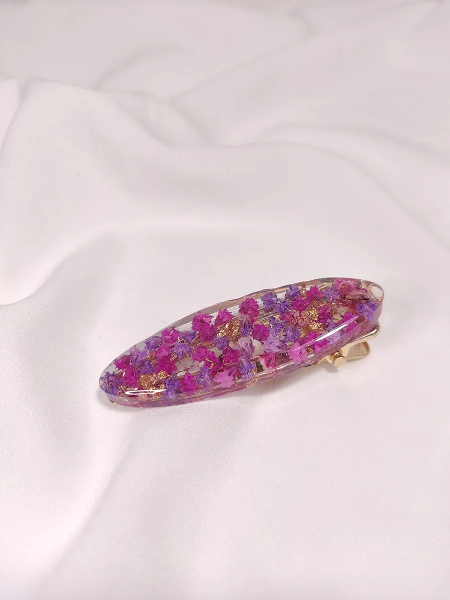 Κλιπ μαλλιών οβάλ με μοβ & ροζ γυψοφίλη