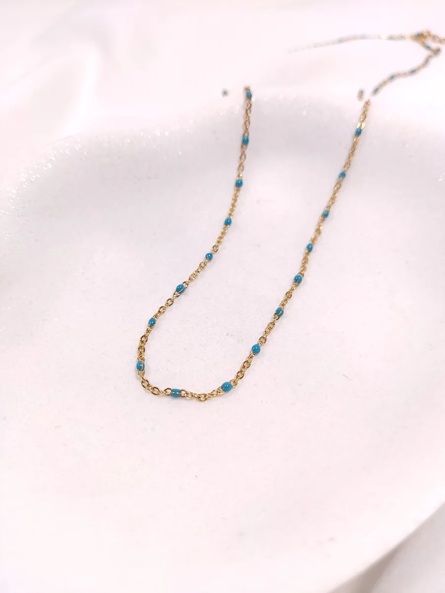 NECKLACE-0042 Αλυσίδα ατσάλινη χρυσή με τιρκουάζ σμάλτο