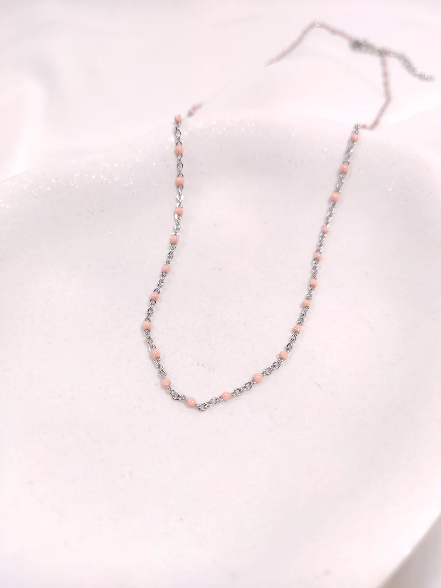 Αλυσίδα ατσάλινη ασημί με ροζ σμάλτο