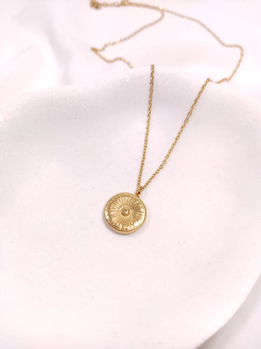 NECKLACE-0048 Αλυσίδα ατσάλινη χρυσή με στρογγυλό στοιχείο ήλιο