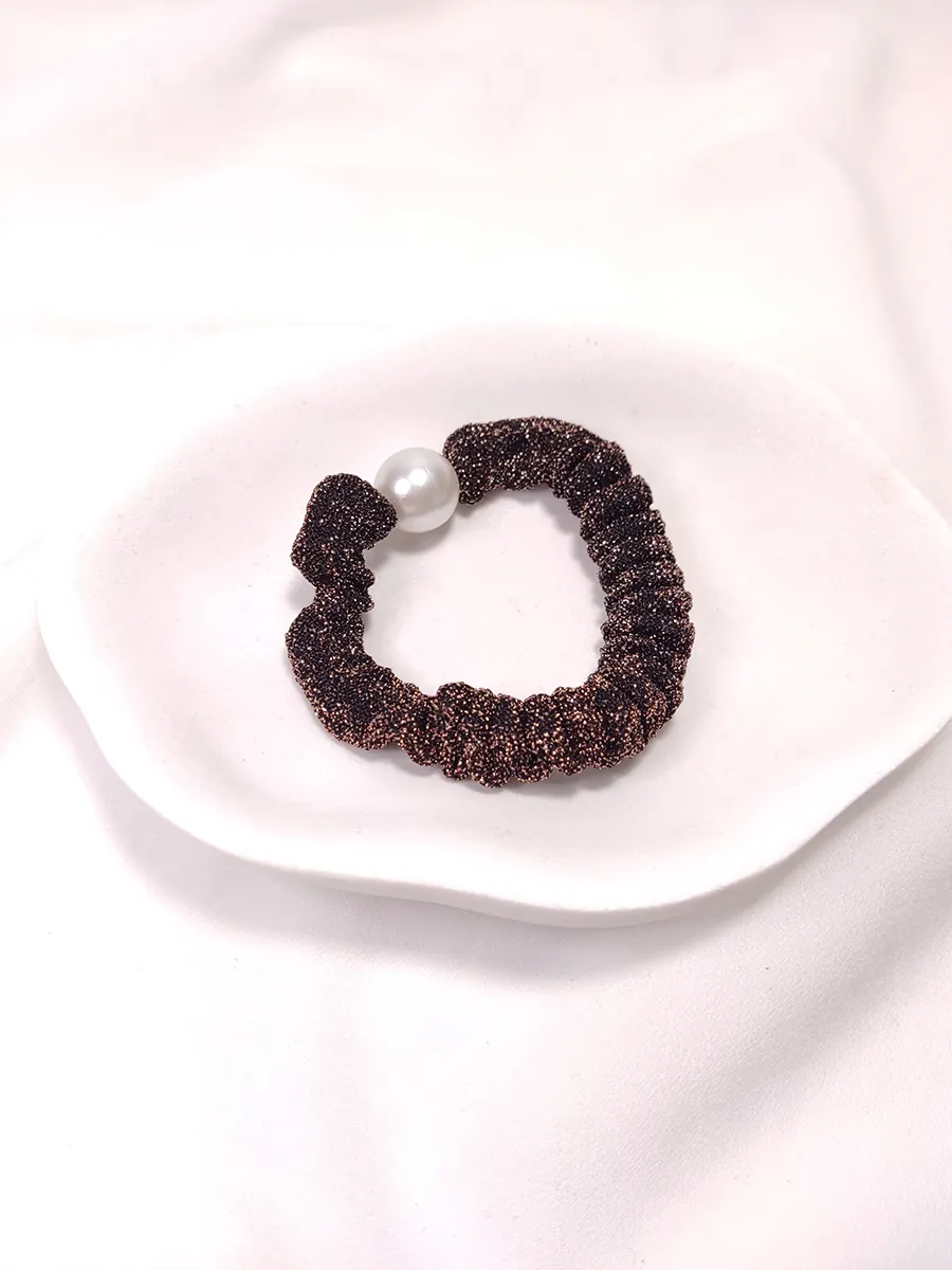 Scrunchie μπρονζέ γυαλιστερό με πέρλα Small