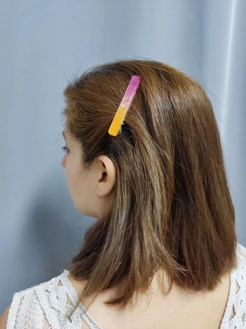 HAIRCLIP-0010 Κλιπ μαλλιών λεπτό ροζ-πορτοκαλί με φύλλα χρυσού