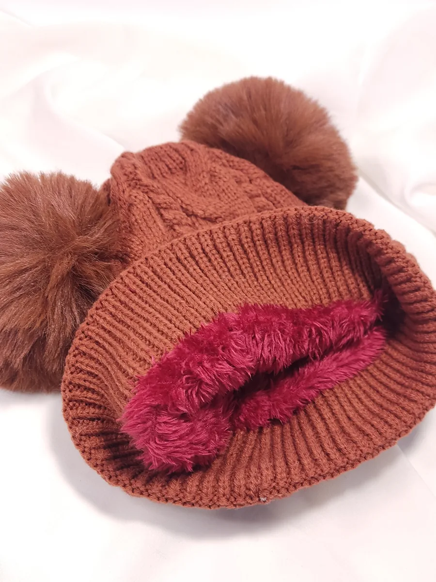 BEANIES-0021 (3) Καφέ Παιδικό Πλεκτό σκουφί με διπλή φούντα και εσωτερική επένδυση | CHRISARTI