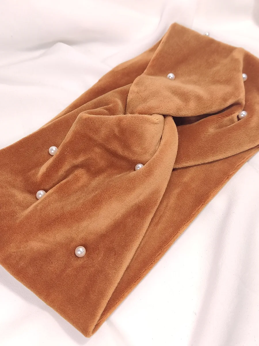 Κορδέλα μαλλιών βελούδινη με πέρλες καφέ ταμπά