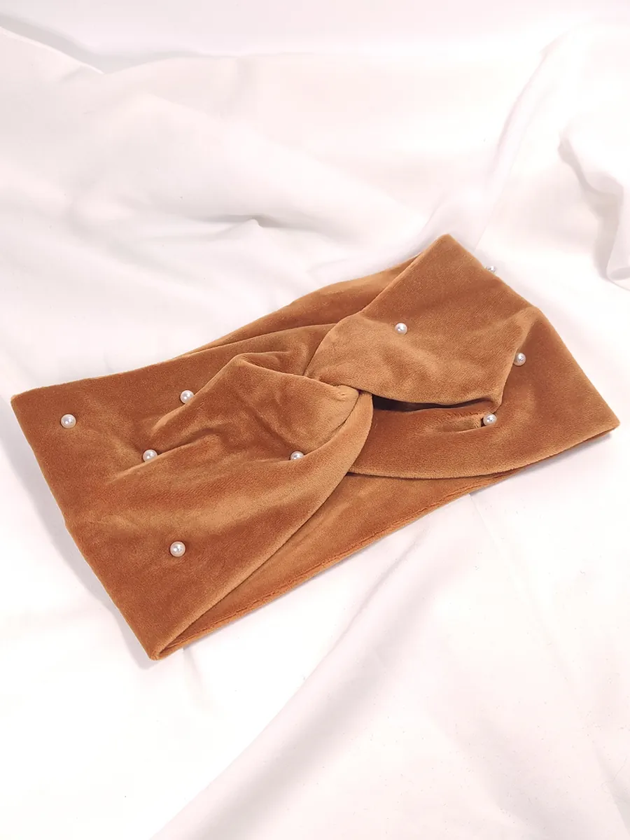 Κορδέλα μαλλιών βελούδινη με πέρλες καφέ ταμπά