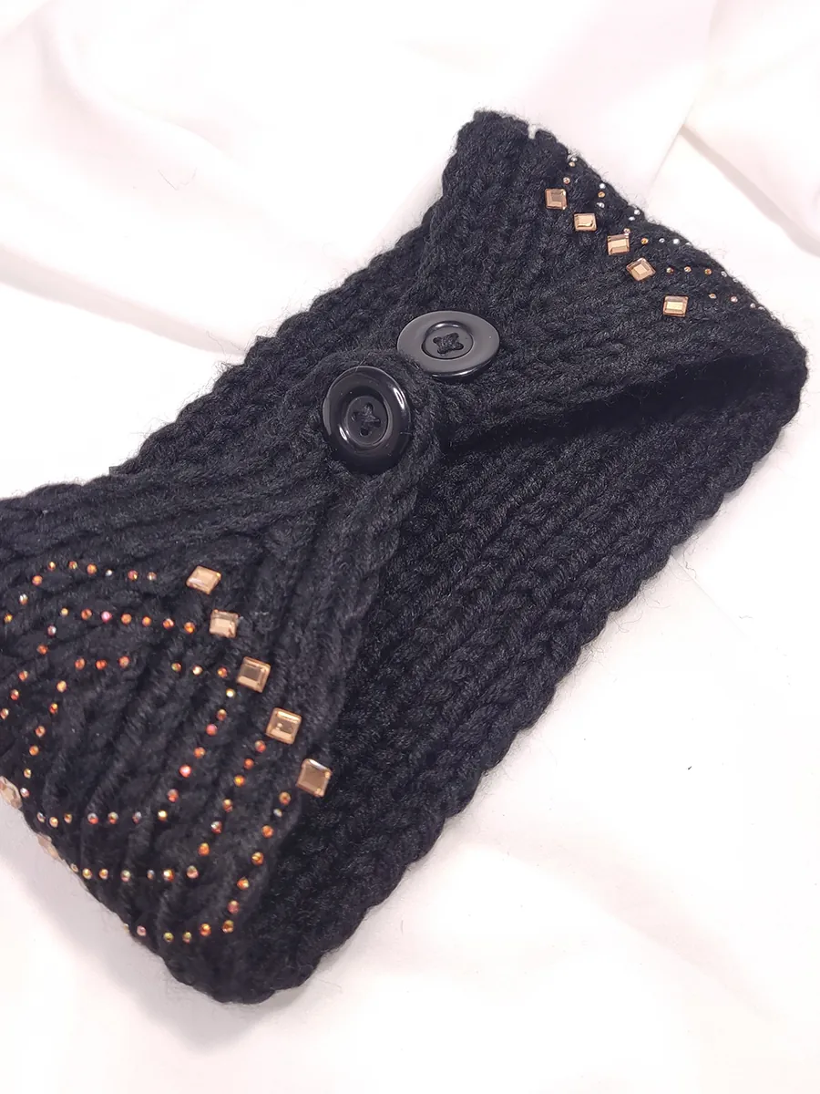 Κορδέλα μαλλιών πλεκτή με στρας & κουμπί