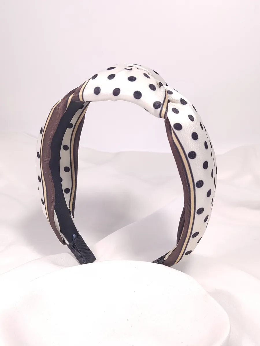 Στέκα μαλλιών σατέν υφασμάτινη πουά λευκή-μαύρη & κόμπο