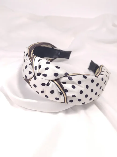 Στέκα μαλλιών σατέν υφασμάτινη πουά λευκή-μαύρη & κόμπο