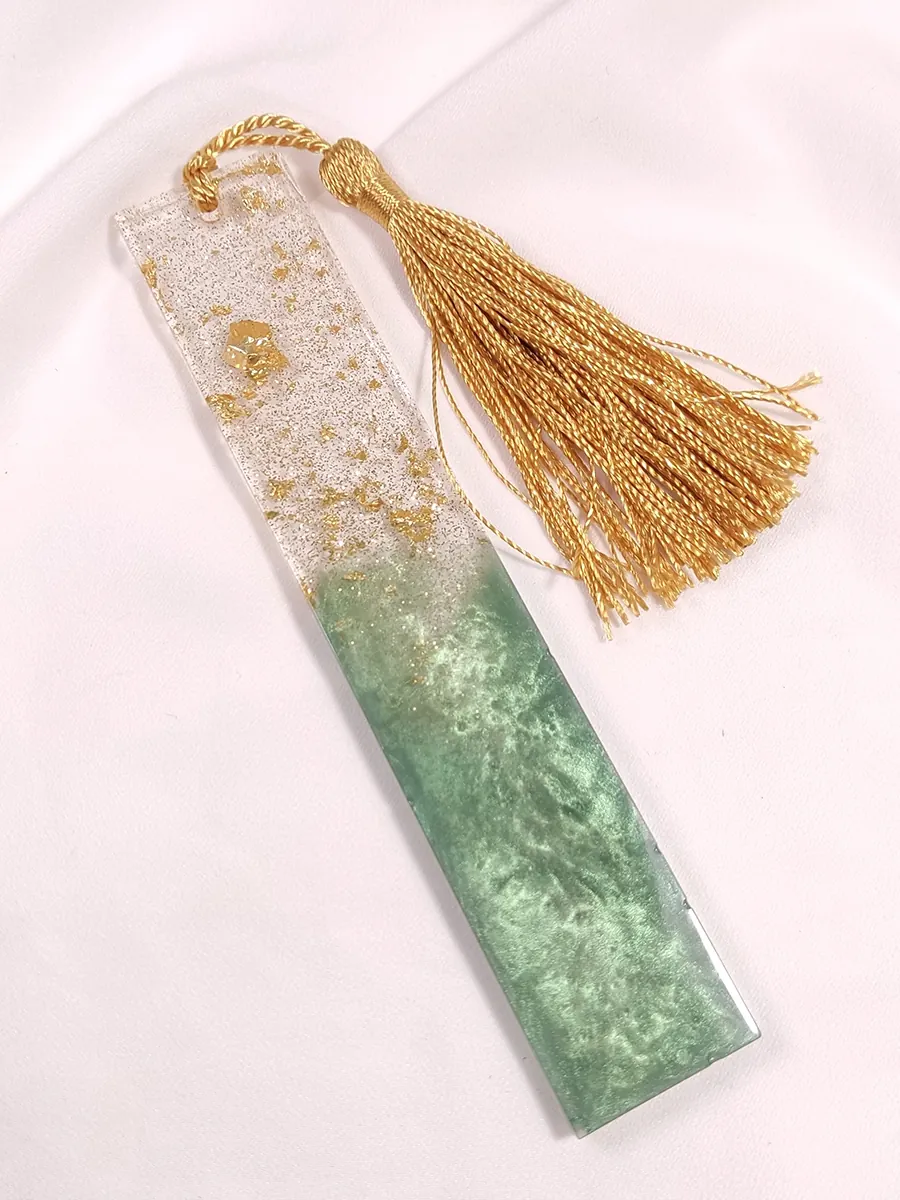 BOOKMARK-0015 (3) Σελιδοδείκτης πράσινος με διαφάνεια & φύλλα χρυσού