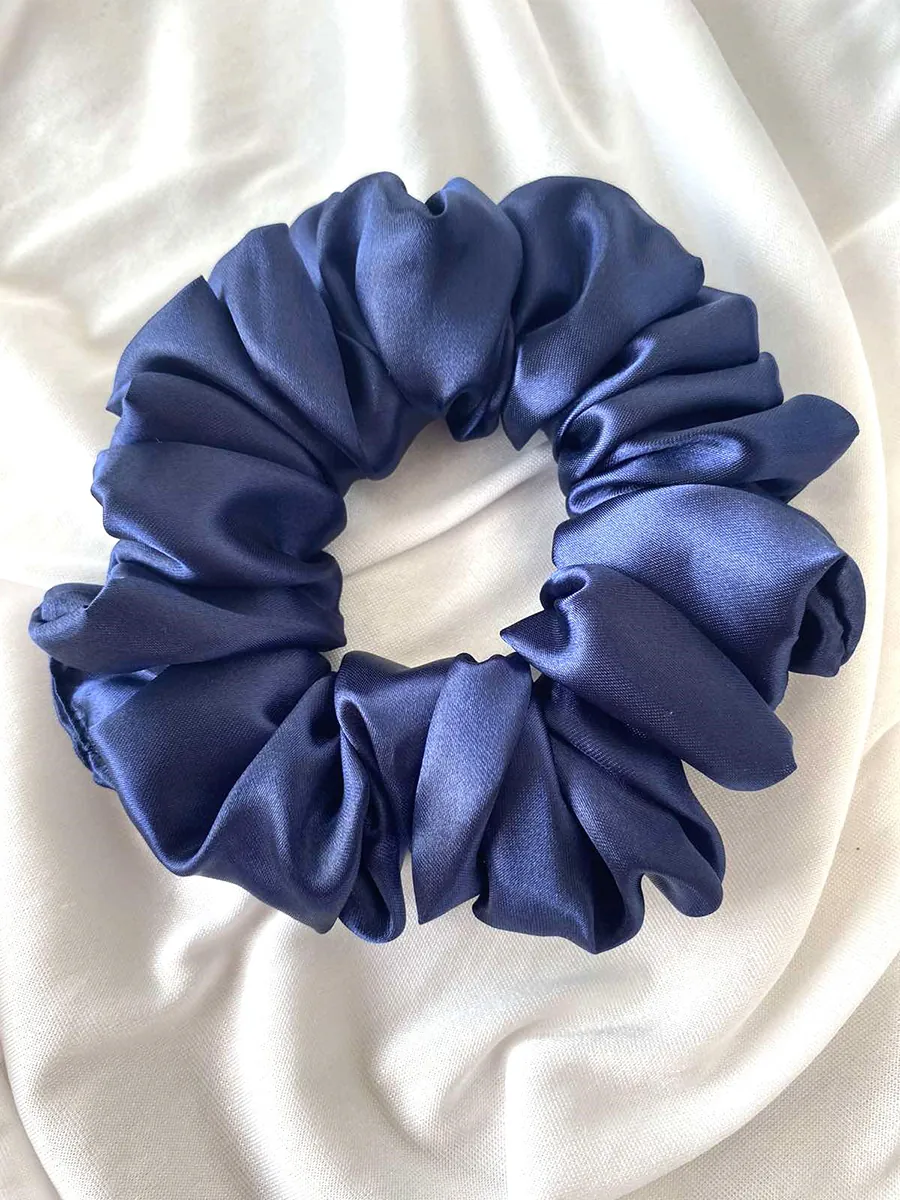 Scrunchie Λάστιχο μαλλιών σατέν σκούρο μπλε 2 μεγέθη