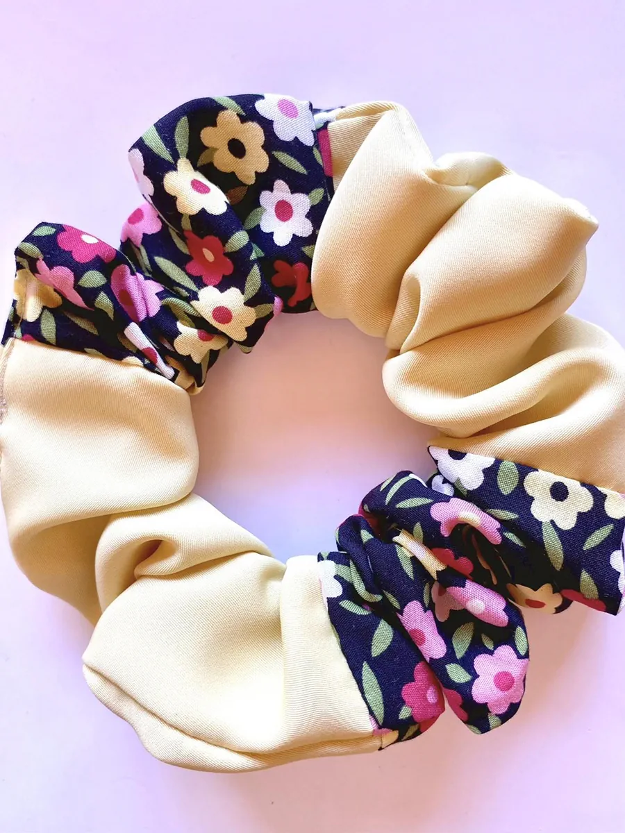 Scrunchie Λάστιχο μαλλιών μπεζ - floral XL