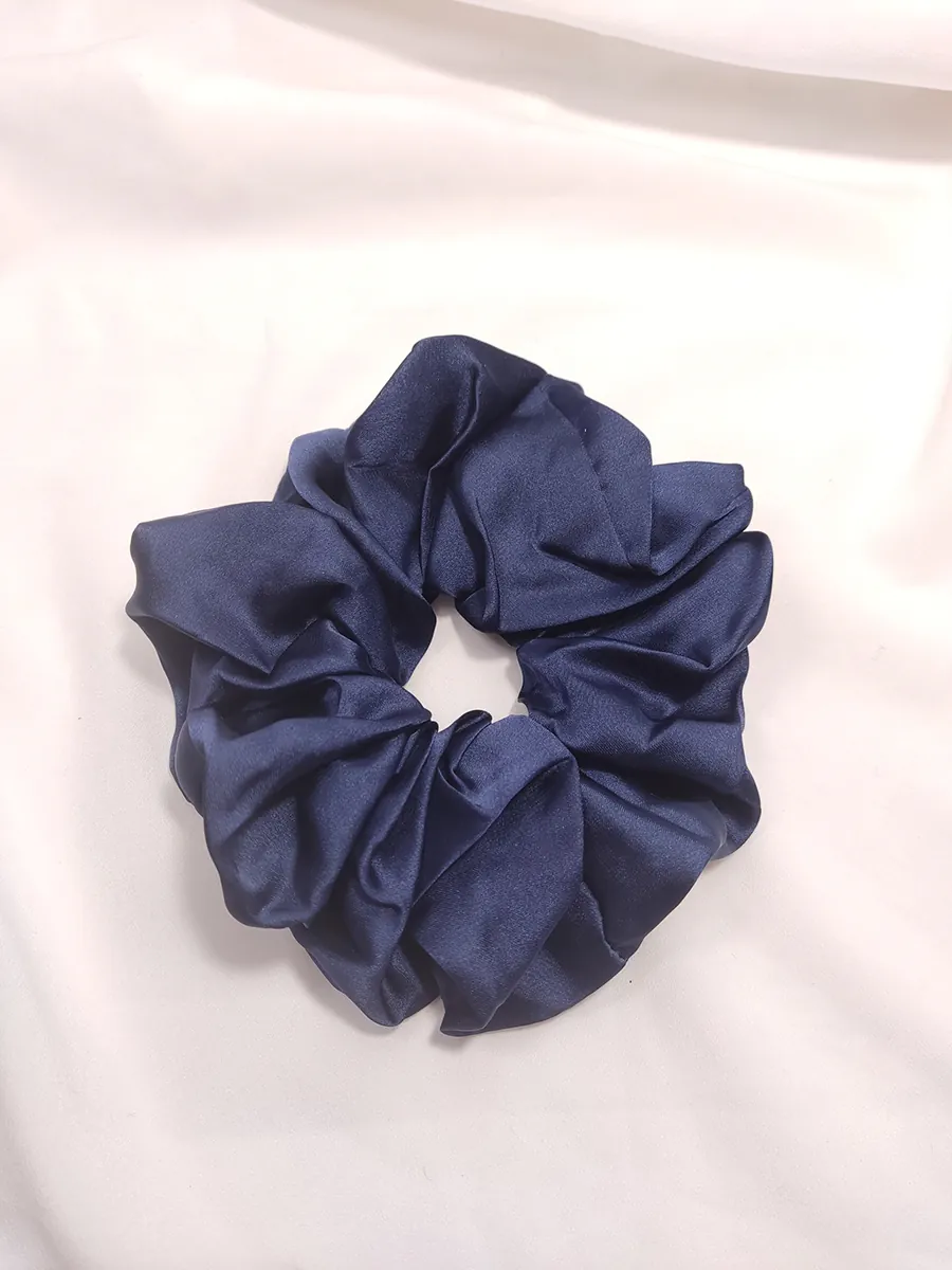 Scrunchie Λάστιχο μαλλιών λεπτό σατέν σκούρο μπλε Large