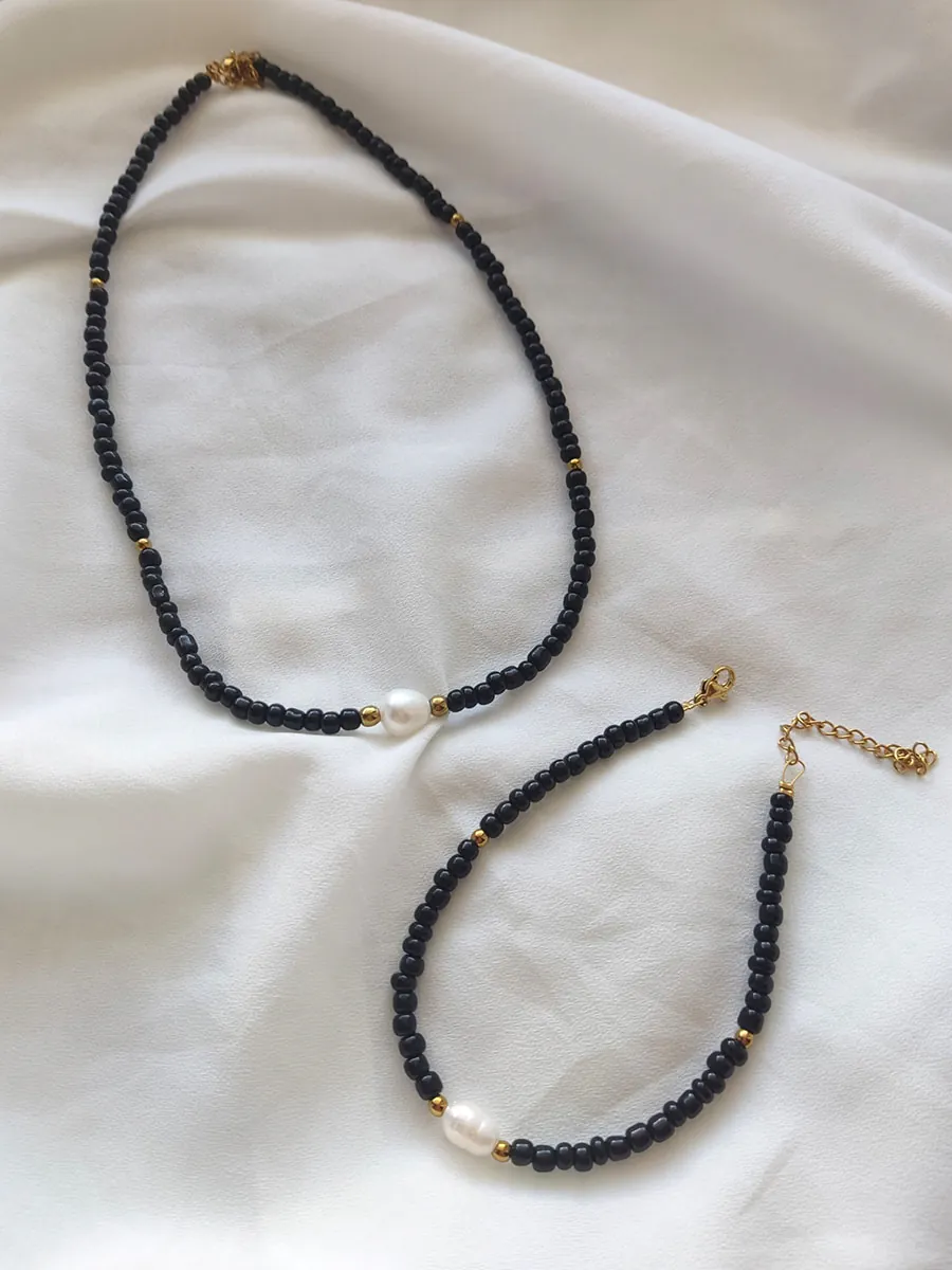 GIFTSET-0003BL Golden Pearl Harmony Set | Χειροποίητο Σετ Κοσμημάτων από Ατσάλι με Φυσικό Μαργαριτάρι | CHRISARTI