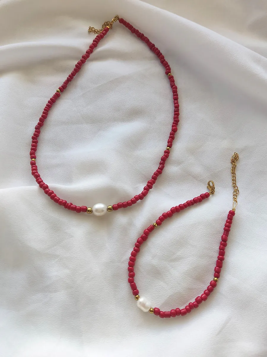 GIFTSET-0003R Golden Pearl Harmony Set | Χειροποίητο Σετ Κοσμημάτων από Ατσάλι με Φυσικό Μαργαριτάρι | CHRISARTI