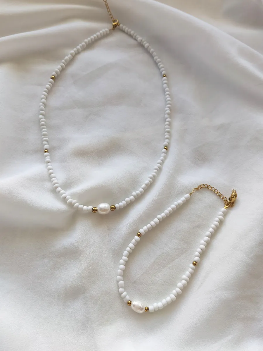 GIFTSET-0003W Golden Pearl Harmony Set | Χειροποίητο Σετ Κοσμημάτων από Ατσάλι με Φυσικό Μαργαριτάρι | CHRISARTI