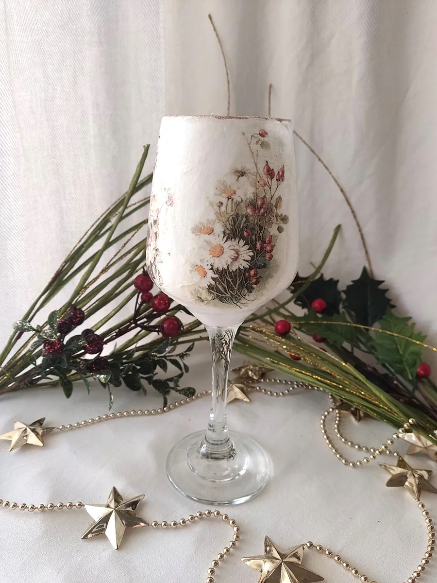 XMAS24-0015-2 Χειροποίητο Διακοσμητικό Γυάλινο Ποτήρι με Σχέδια Λουλουδιών | CHRISARTI