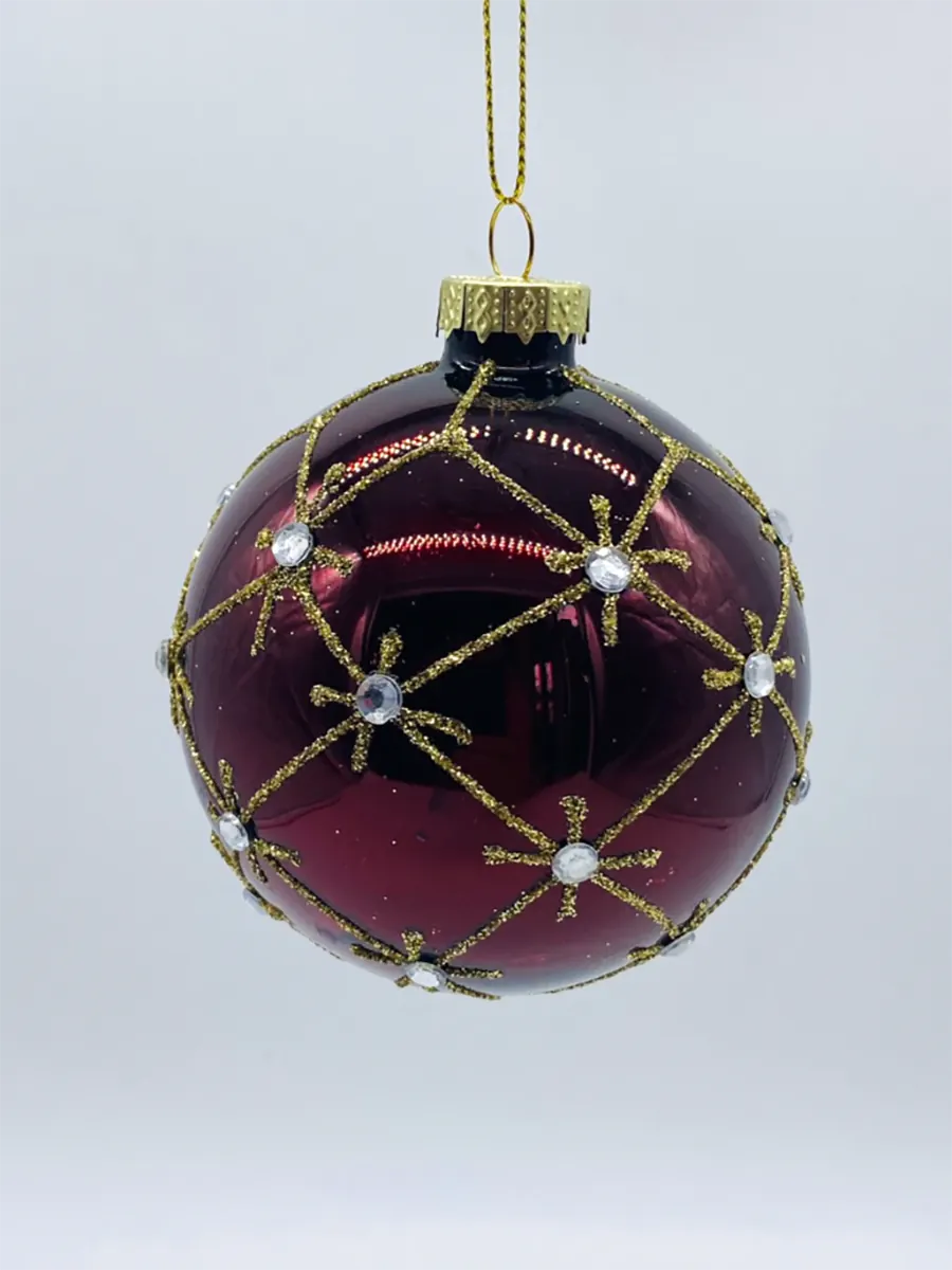 Μπορντό χριστουγεννιάτικη μπάλα στολίδι με χρυσό glitter και στρασάκια – Γυάλινη 8εκ | CHRISARTI