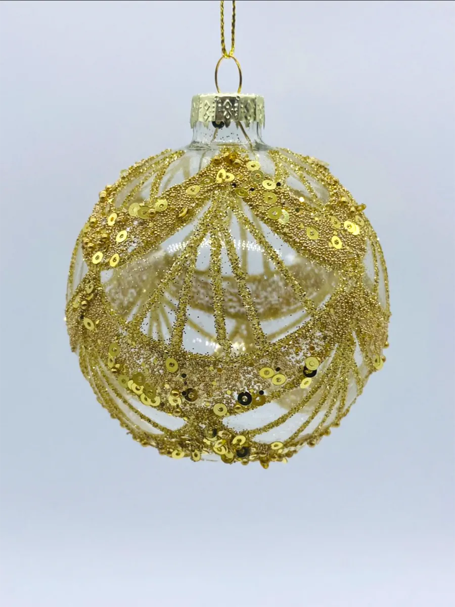 XMAS24-0018 (1) Γυάλινη μπάλα στολίδι με χρυσό glitter και πούλιες 8εκ | CHRISARTI
