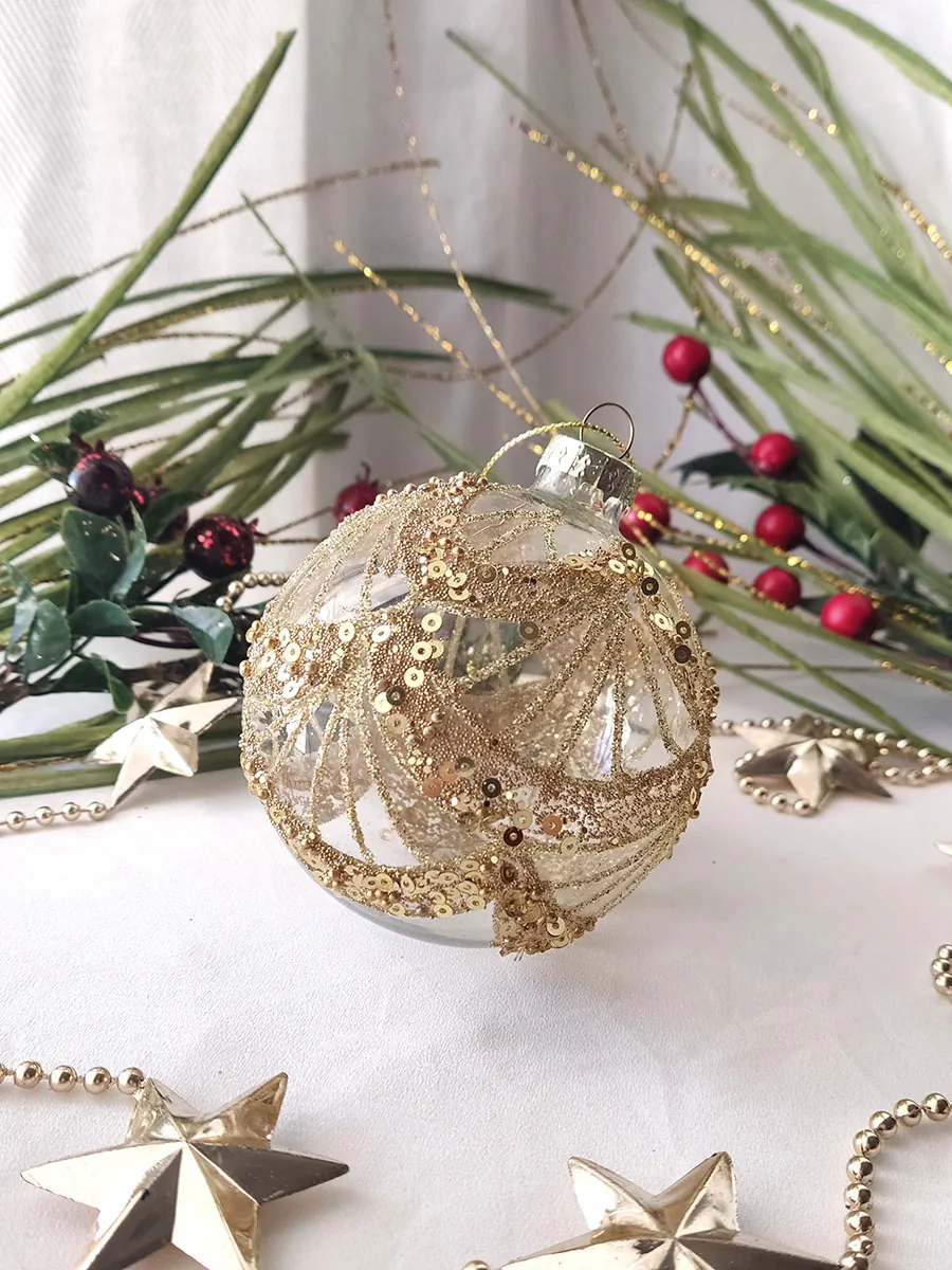 XMAS24-0018 (2) Γυάλινη μπάλα στολίδι με χρυσό glitter και πούλιες 8εκ | CHRISARTI