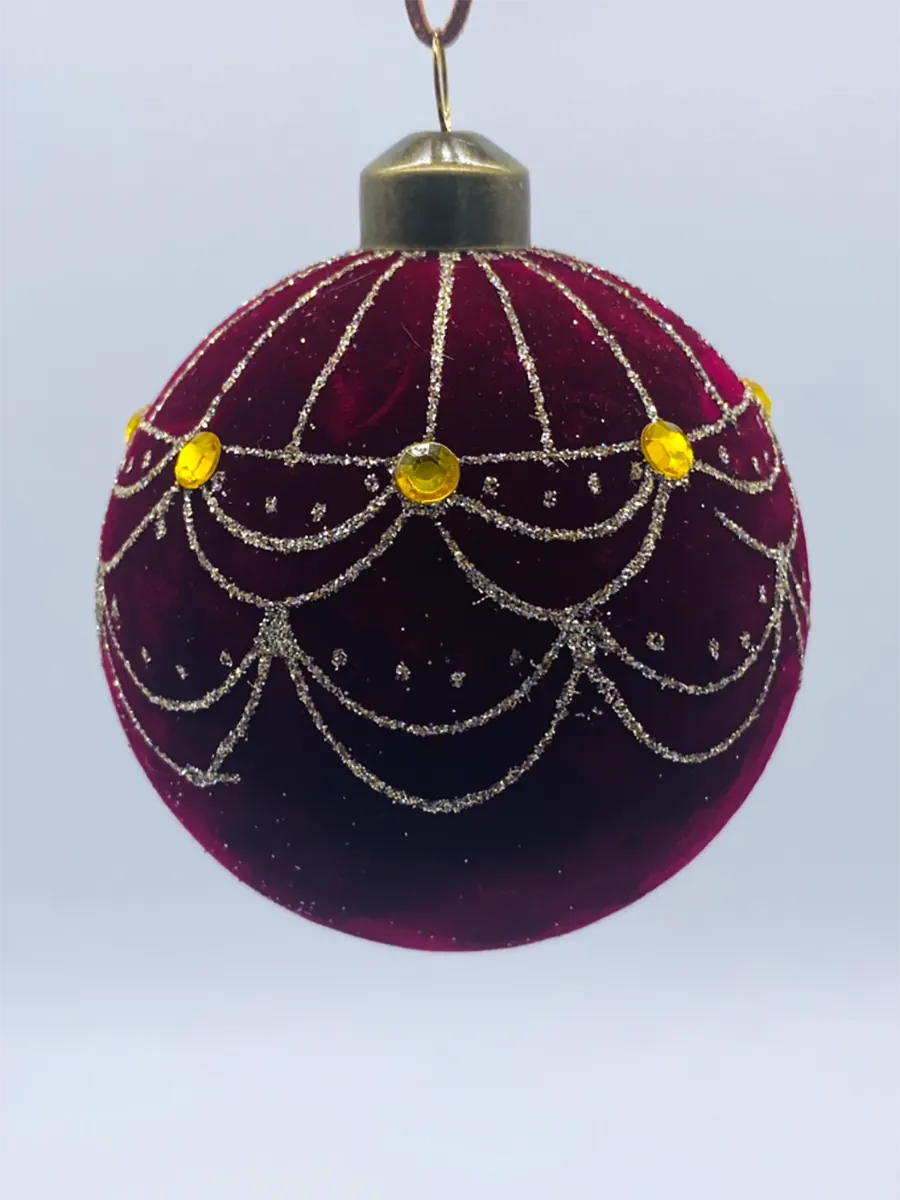 Μπορντό Βελούδινη Χριστουγεννιάτικη Μπάλα 8εκ με Χρυσά Σχέδια και Στρας | CHRISARTI