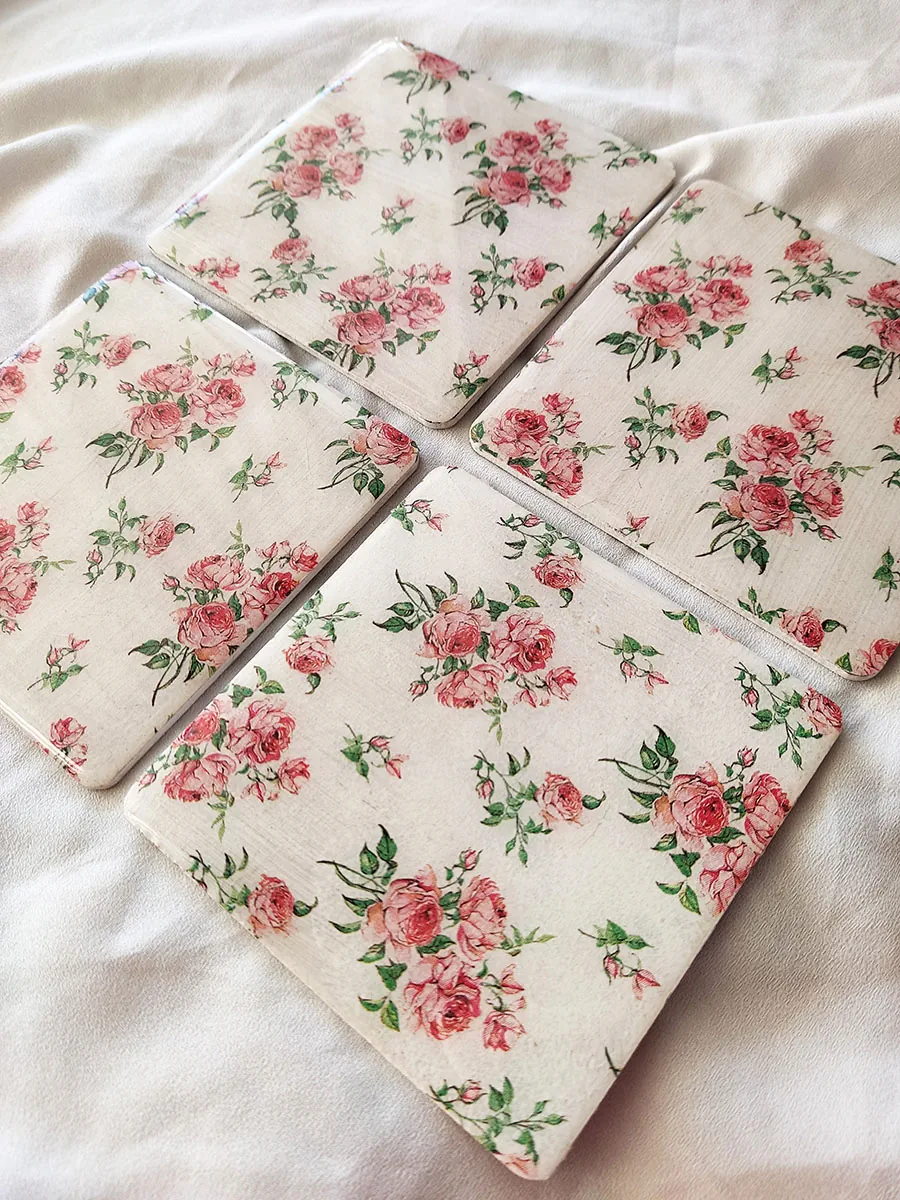 Σουβέρ ξύλινα ροζ τριαντάφυλλα vintage σετ 4 τμχ