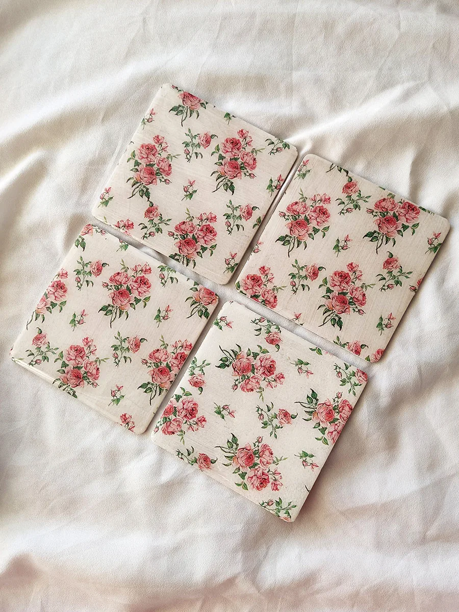 Σουβέρ ξύλινα ροζ τριαντάφυλλα vintage σετ 4 τμχ