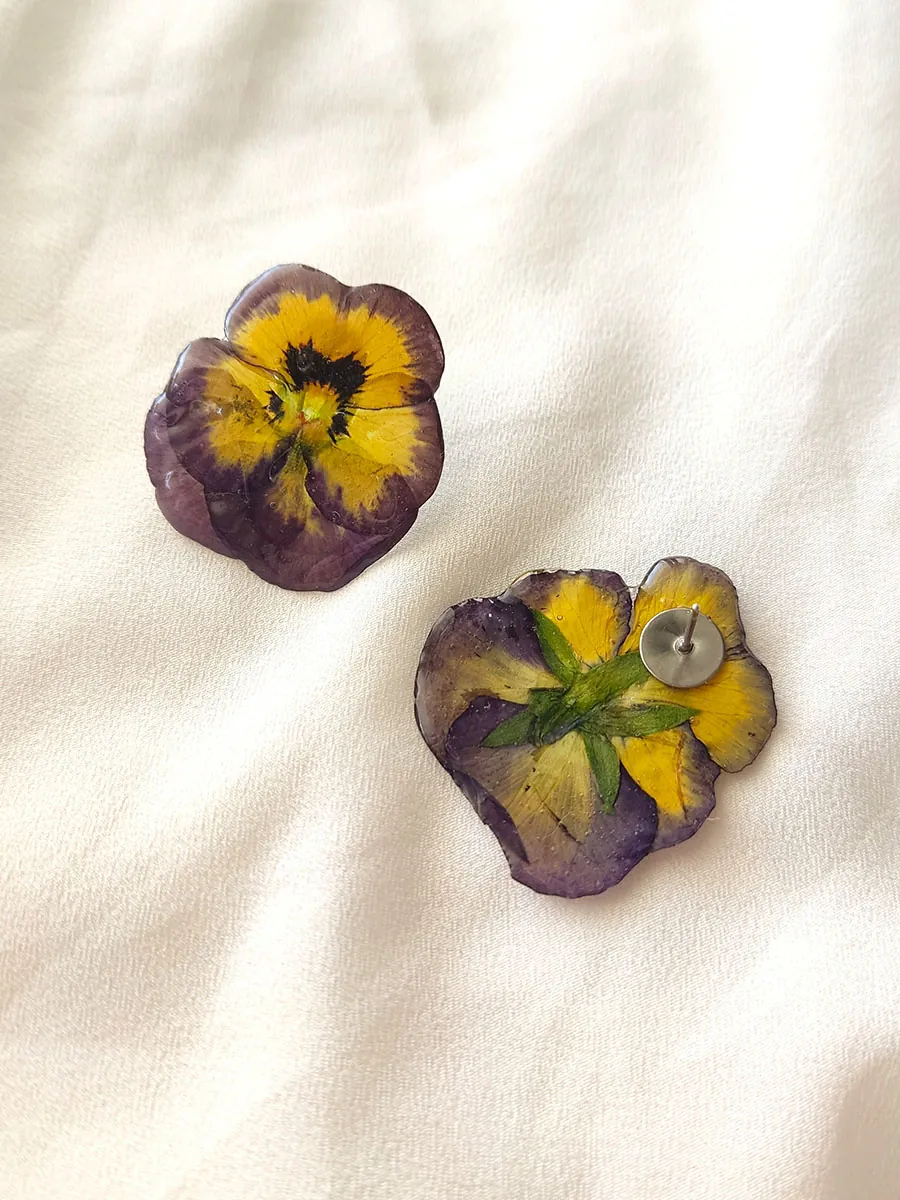 BL_EARRINGS-0003S (3) Σκουλαρίκια Ατσάλινα Καρφάκια με Αληθινά Μοβ-Κίτρινα Άνθη Πανσέ - 2 Μεγέθη | Blossom Jewelry Collection