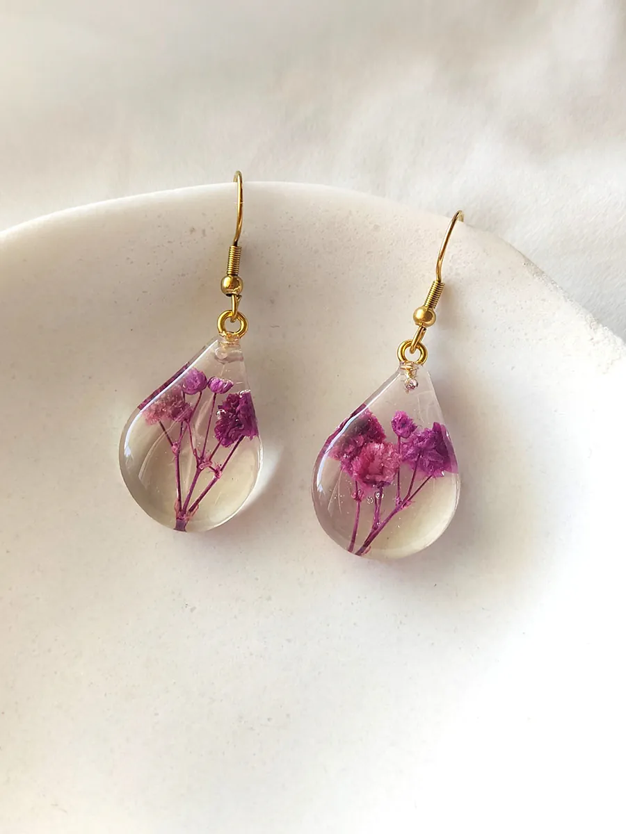 Σκουλαρίκια Ατσάλινα Κρεμαστά Δάκρυ Μικρά με Αληθινά Λουλούδια και Φύλλα - Διάφορα Σχέδια | Blossom Jewelry Collection