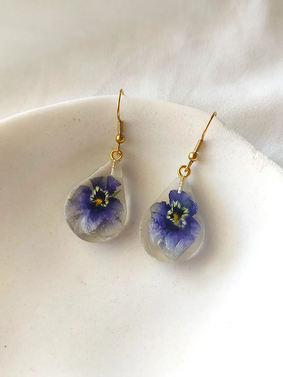 Σκουλαρίκια Ατσάλινα Κρεμαστά Δάκρυ Μικρά με Αληθινά Λουλούδια και Φύλλα - Διάφορα Σχέδια | Blossom Jewelry Collection