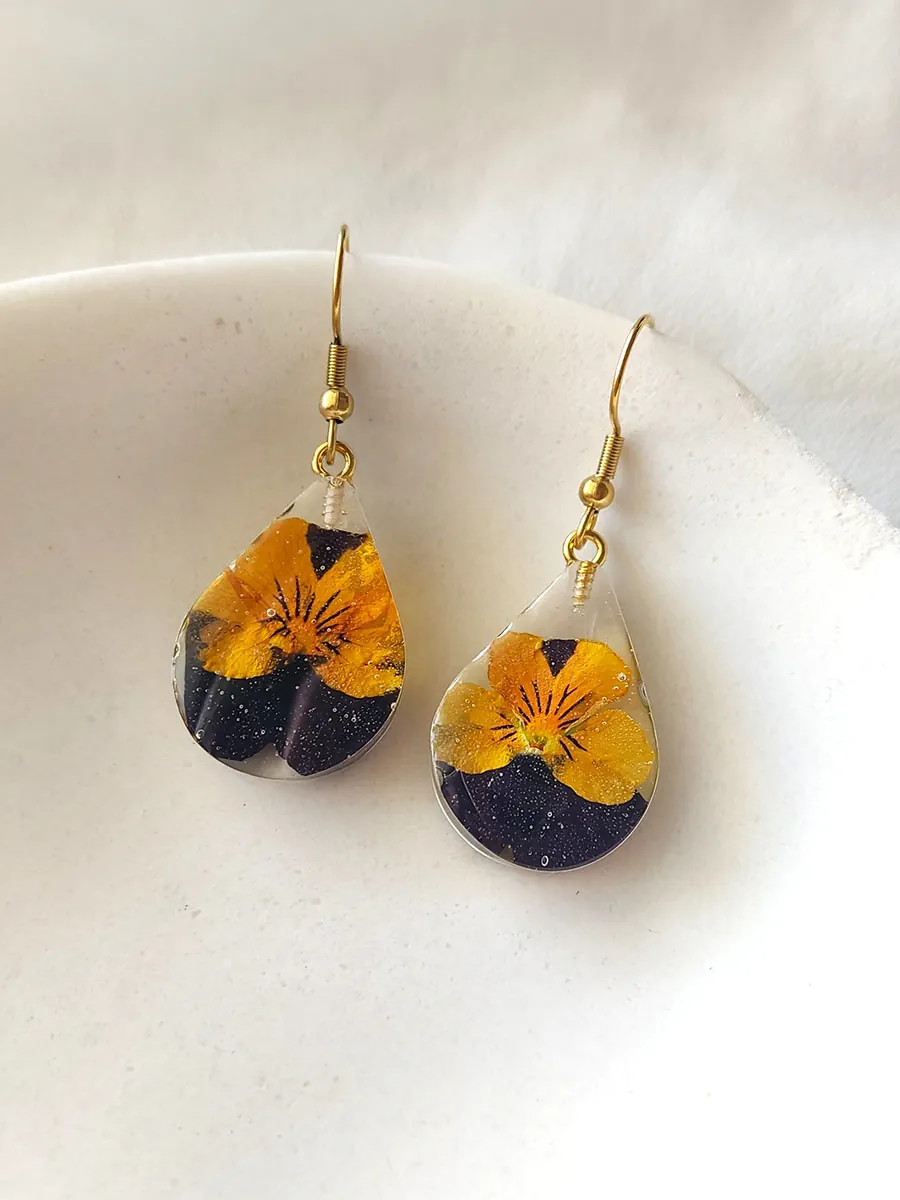 Σκουλαρίκια Ατσάλινα Κρεμαστά Δάκρυ Μικρά με Αληθινά Λουλούδια και Φύλλα - Διάφορα Σχέδια | Blossom Jewelry Collection