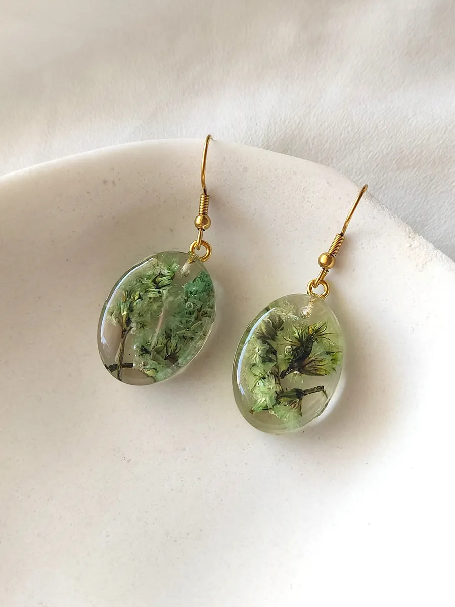 BL_EARRINGS-0008 (1) Σκουλαρίκια ατσάλινα κρεμαστά οβάλ μικρά με αληθινά λουλούδια και φύλλα - διάφορα σχέδια | Blossom Jewelry Collection