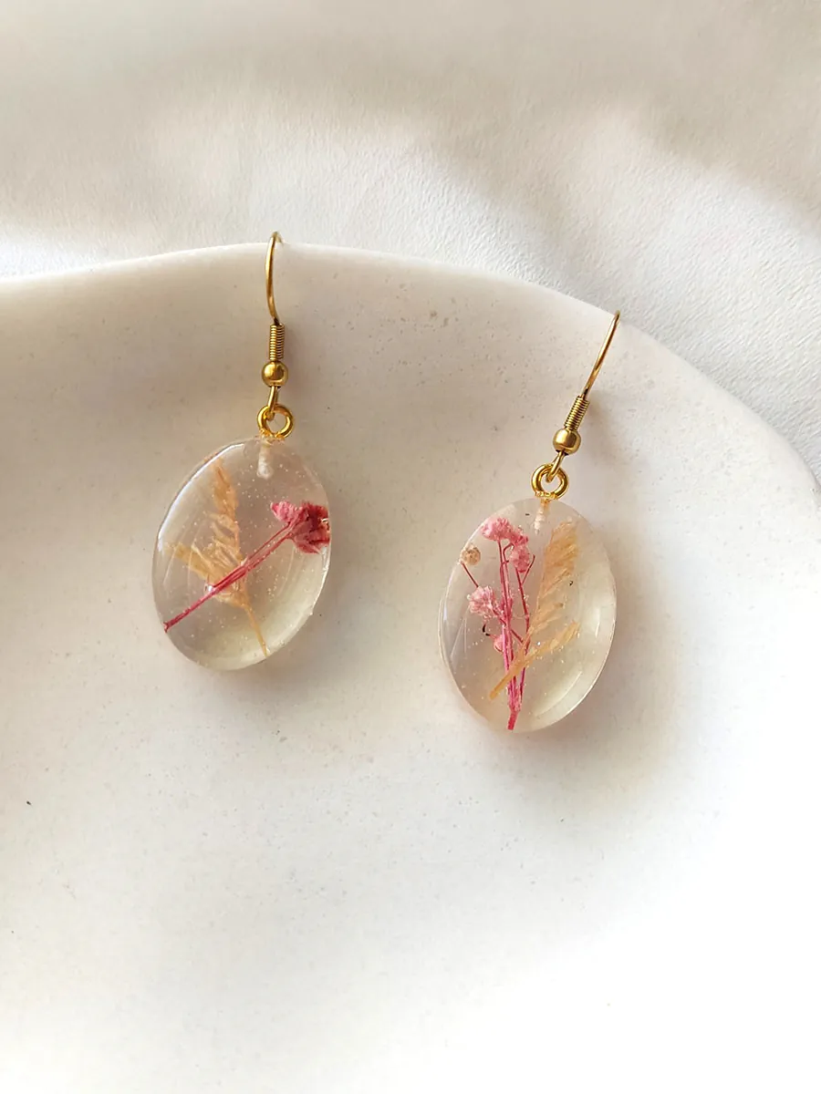 BL_EARRINGS-0008 (2) Σκουλαρίκια ατσάλινα κρεμαστά οβάλ μικρά με αληθινά λουλούδια και φύλλα - διάφορα σχέδια | Blossom Jewelry Collection