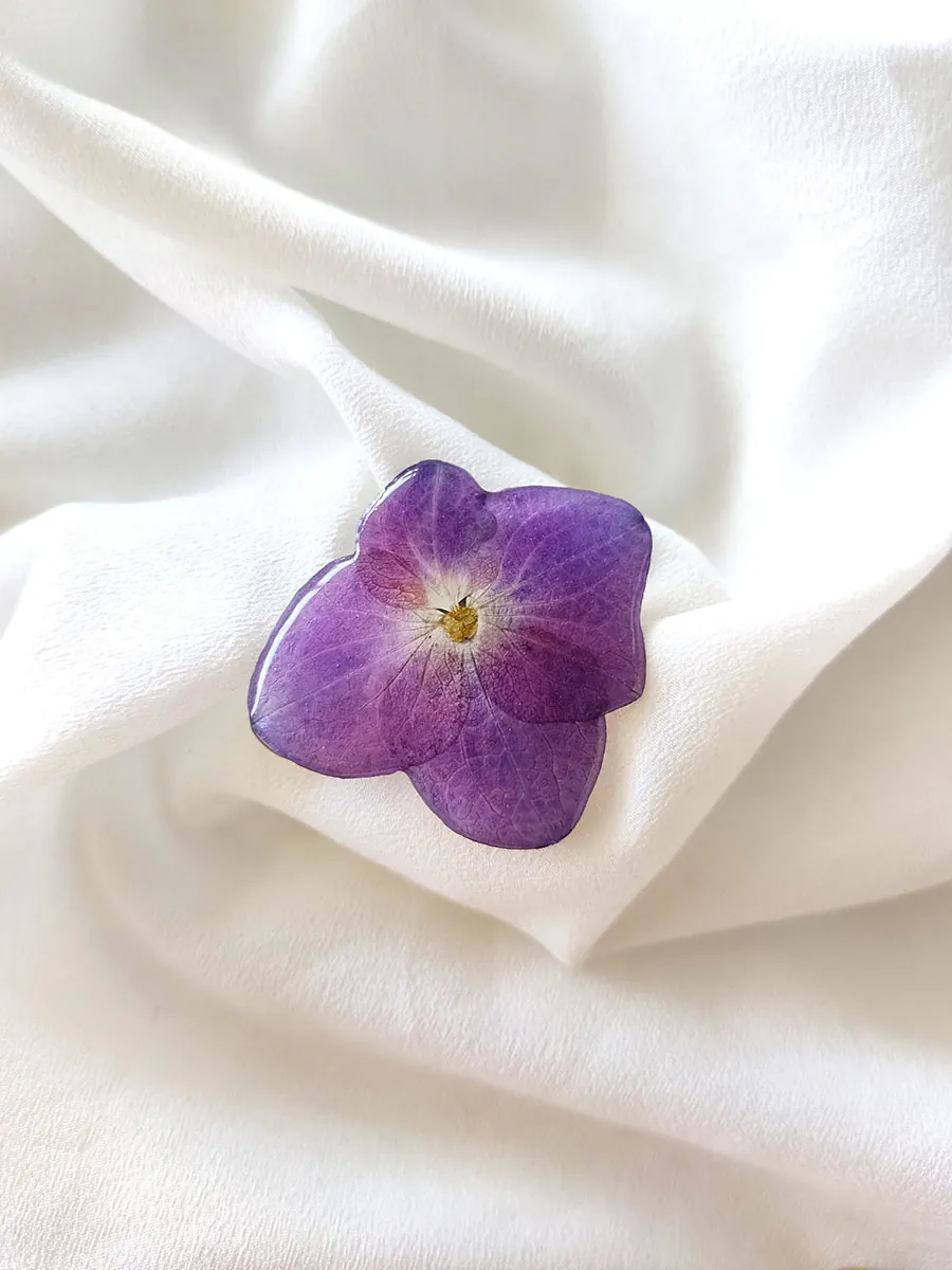 Δαχτυλίδι ατσάλινο με αληθινό άνθος μοβ ορτανσίας | Blossom Jewelry Collection