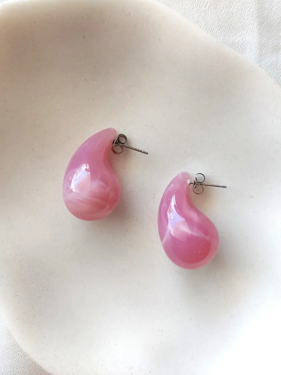 EARRINGKRF-0038 (1) Ατσάλινα Σκουλαρίκια Σταγόνα σε Ροζ με Λευκά Νερά | CHRISARTI