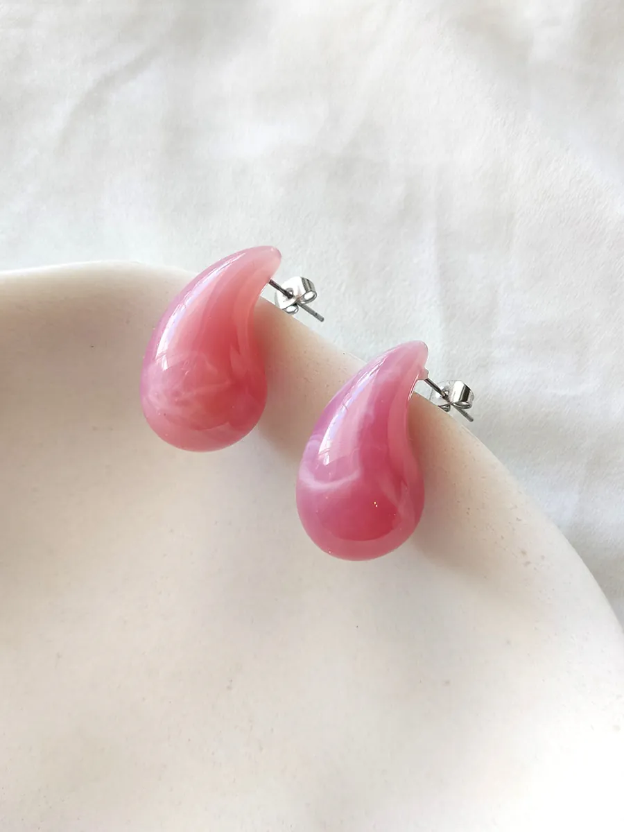 EARRINGKRF-0038 (2) Σκουλαρίκια ατσάλινα καρφάκια μεγάλες σταγόνες ροζ