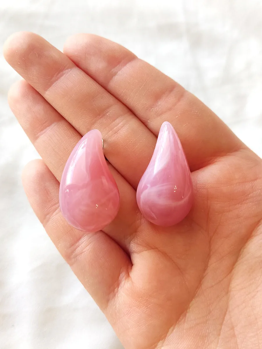 EARRINGKRF-0038 (3) Ατσάλινα Σκουλαρίκια Σταγόνα σε Ροζ με Λευκά Νερά | CHRISARTI