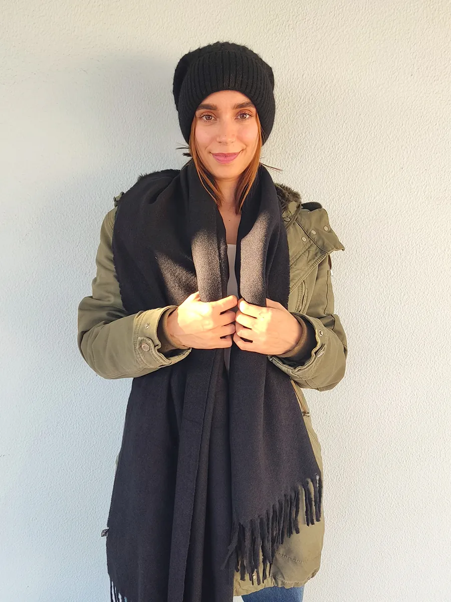 Μονόχρωμη Μαύρη Πασμίνα - Κασκόλ με Κρόσσια | CHRISARTI