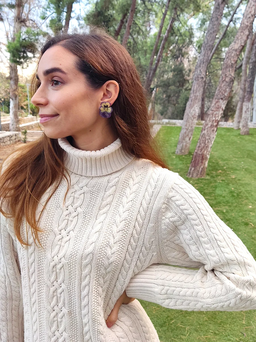 BL_EARRINGS-0003 (1) Σκουλαρίκια Ατσάλινα Καρφάκια με Αληθινά Μοβ-Κίτρινα Άνθη Πανσέ - 2 Μεγέθη | Blossom Jewelry Collection