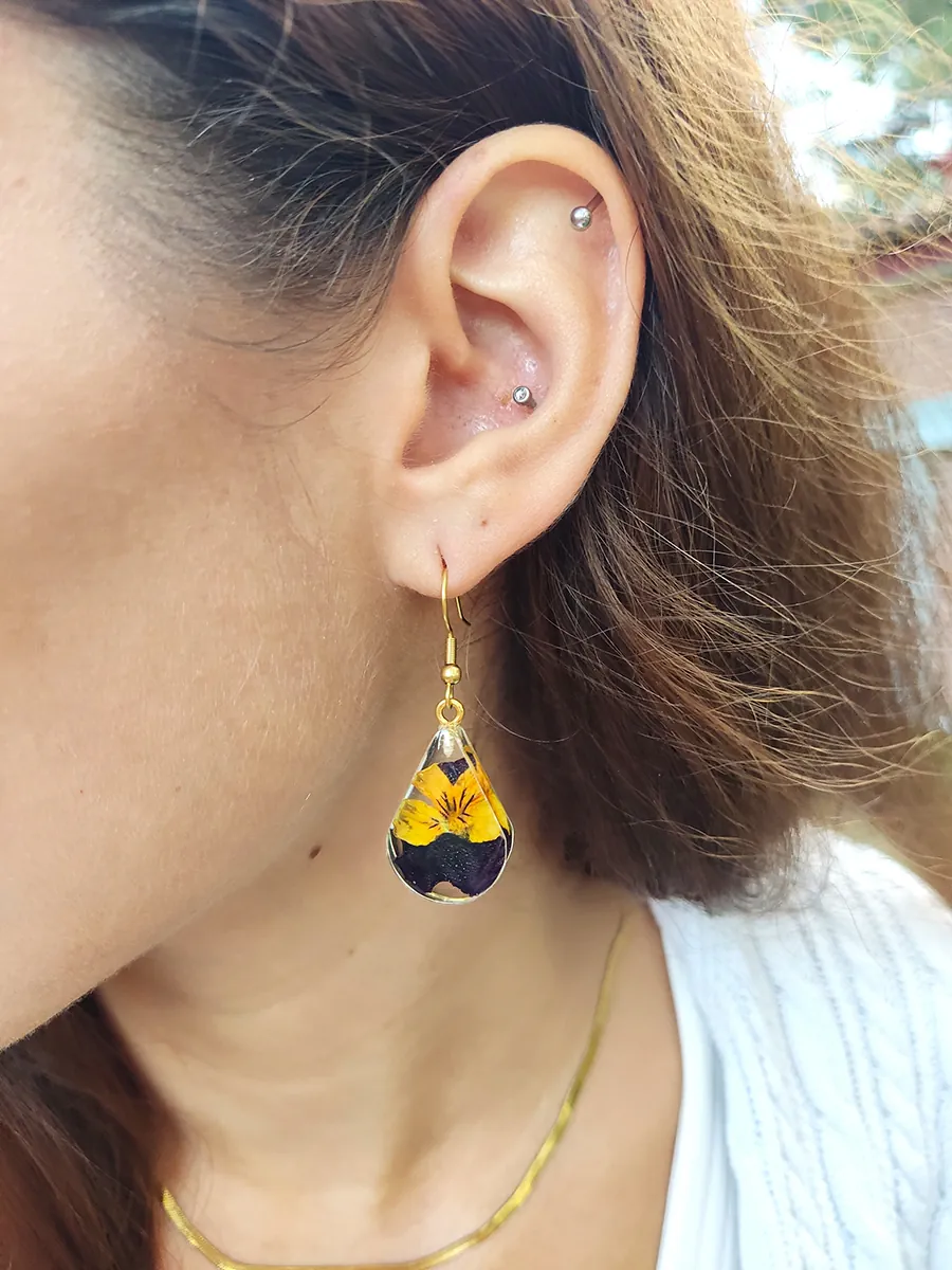 Σκουλαρίκια Ατσάλινα Κρεμαστά Δάκρυ Μικρά με Αληθινά Λουλούδια και Φύλλα - Διάφορα Σχέδια | Blossom Jewelry Collection