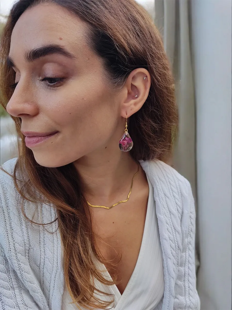 Σκουλαρίκια Ατσάλινα Κρεμαστά Δάκρυ Μικρά με Αληθινά Λουλούδια και Φύλλα - Διάφορα Σχέδια | Blossom Jewelry Collection