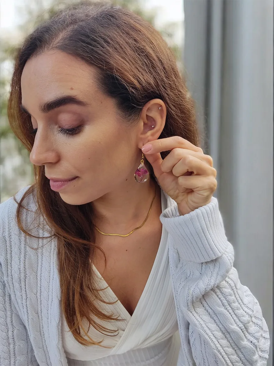 Σκουλαρίκια Ατσάλινα Κρεμαστά Δάκρυ Μικρά με Αληθινά Λουλούδια και Φύλλα - Διάφορα Σχέδια | Blossom Jewelry Collection