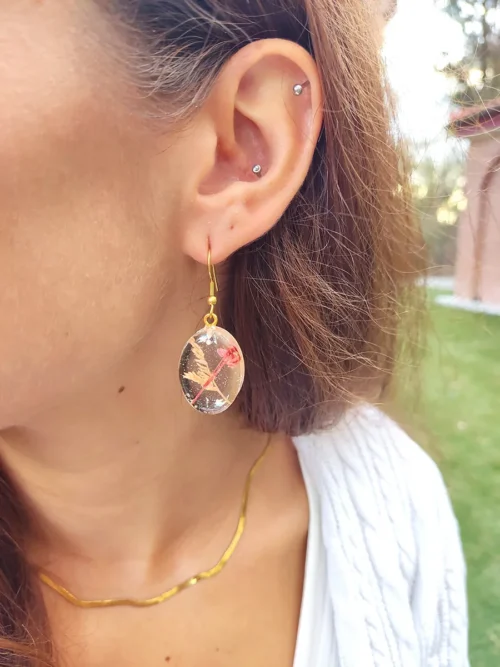 BL_EARRINGS-0008_2 Σκουλαρίκια ατσάλινα κρεμαστά οβάλ μικρά με αληθινά λουλούδια και φύλλα - διάφορα σχέδια | Blossom Jewelry Collection