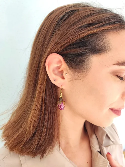 BL_EARRINGS-0009 (2) Χειροποίητα Κρεμαστά Ατσάλινα Σκουλαρίκια με Αληθινά Μπουμπούκια Τριαντάφυλλου | Blossom Jewelry Collection | CHRISARTI