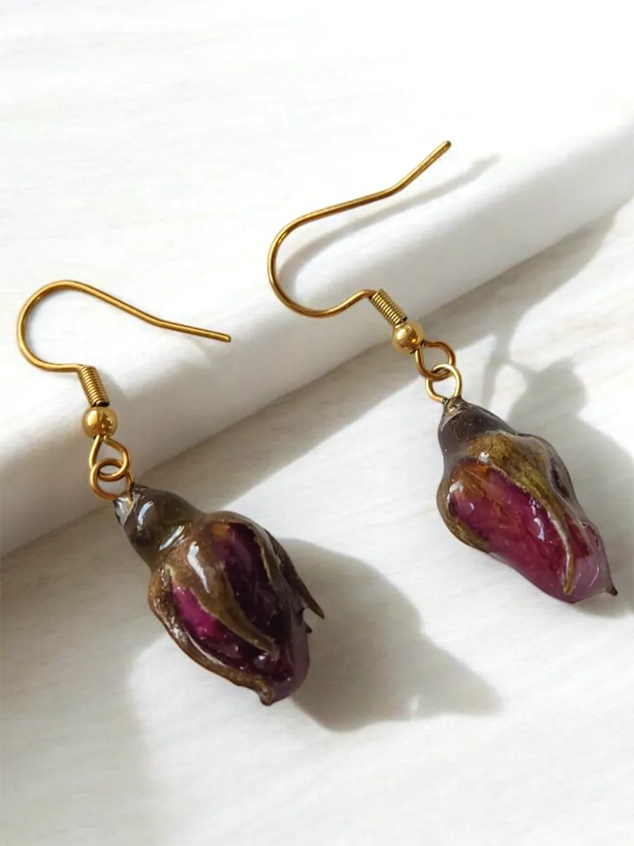 Χειροποίητα Κρεμαστά Ατσάλινα Σκουλαρίκια με Αληθινά Μπουμπούκια Τριαντάφυλλου | Blossom Collection by CHRISARTI