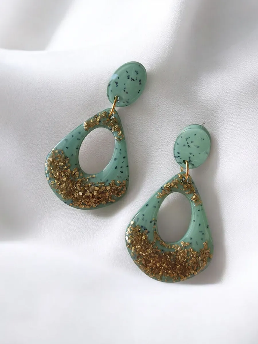 EARRINGKR-0002-3 Σκουλαρίκια ατσάλινα κρεμαστά από ρητίνη με χρυσά πετραδάκια